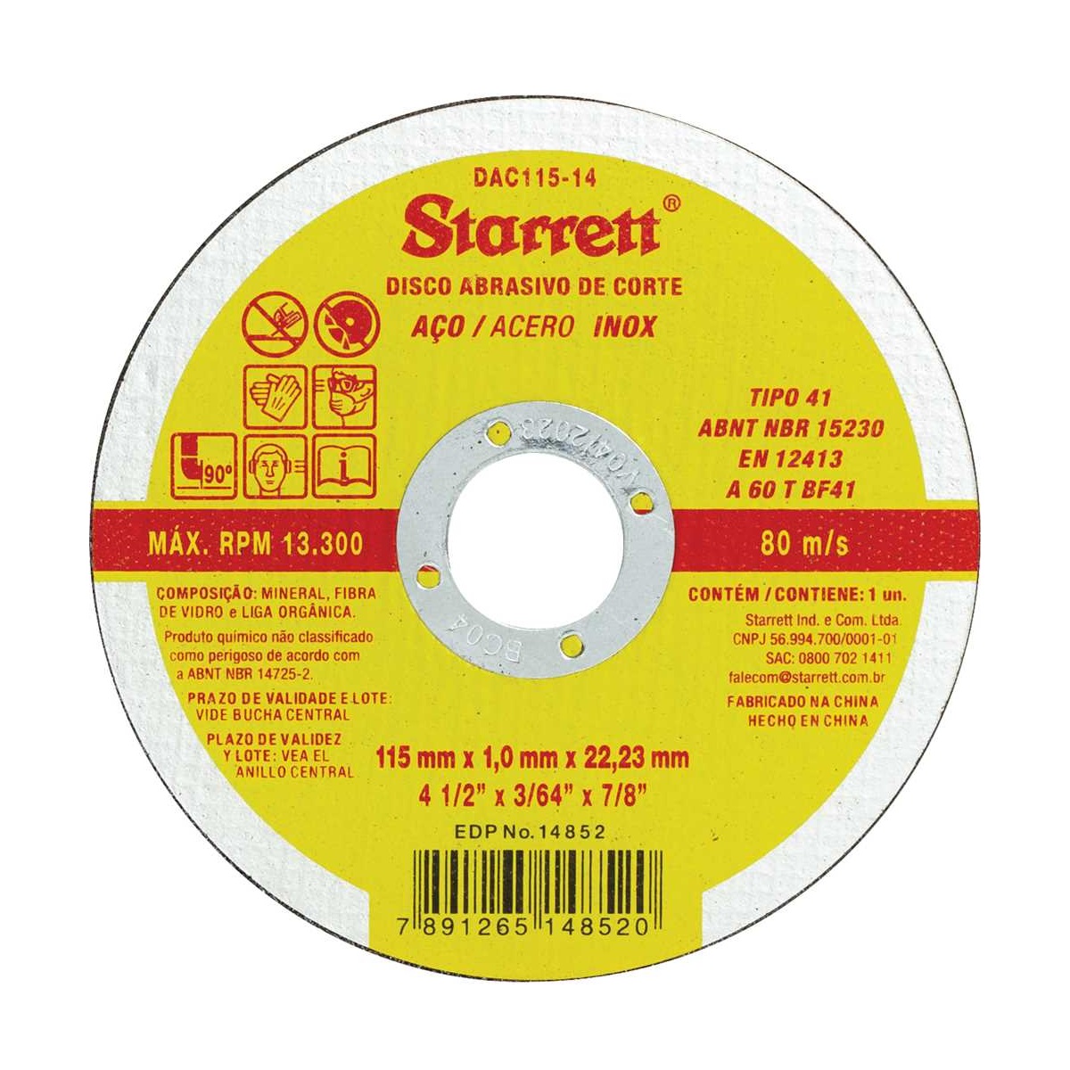 DISCO DE CORTE INOX 4.1/2 115X1,0X7/8 STARRET DAC115-14